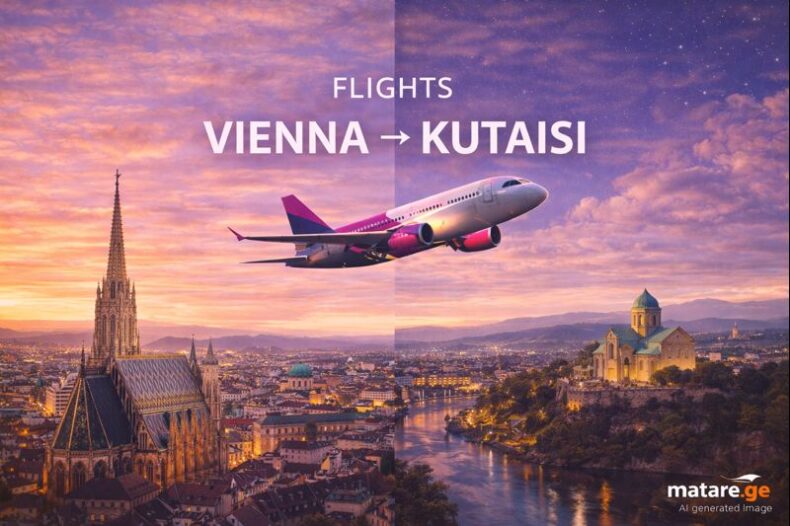 ვენა ქუთაისი ავიაბილეთები – ფრენა ვენადან ქუთაისის მიმართულებით ნათელ ქალაქურ ბანერზე