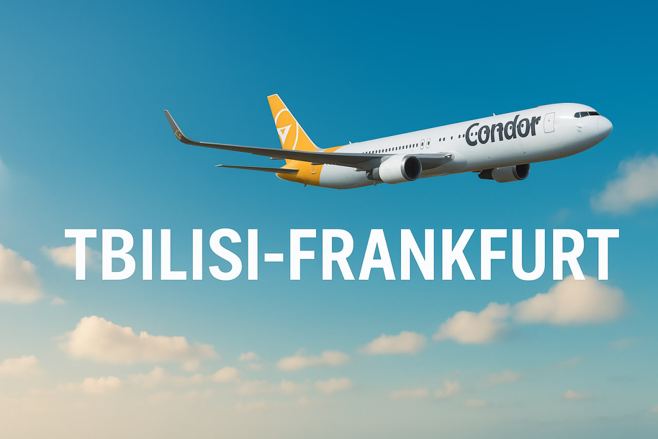 "Condor Airlines თვითმფრინავი, თბილისი–ფრანკფურტის ავიაბილეთები — Matare.ge ბანერი"