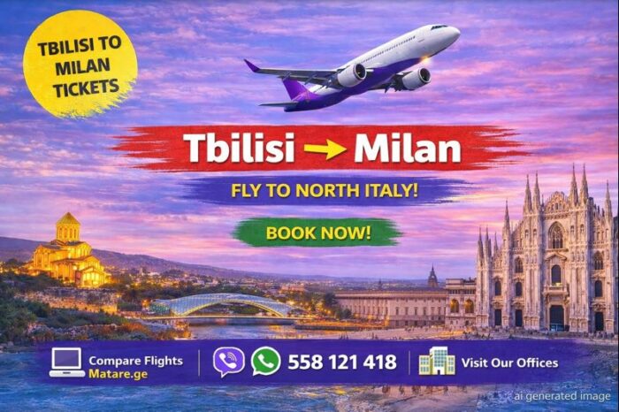 თბილისიდან მილანში ავიაბილეთები — იტალიაში მოგზაურობის ინსპირაციული ბანერი ფრენებისა და ევროპული მარშრუტებისთვის
