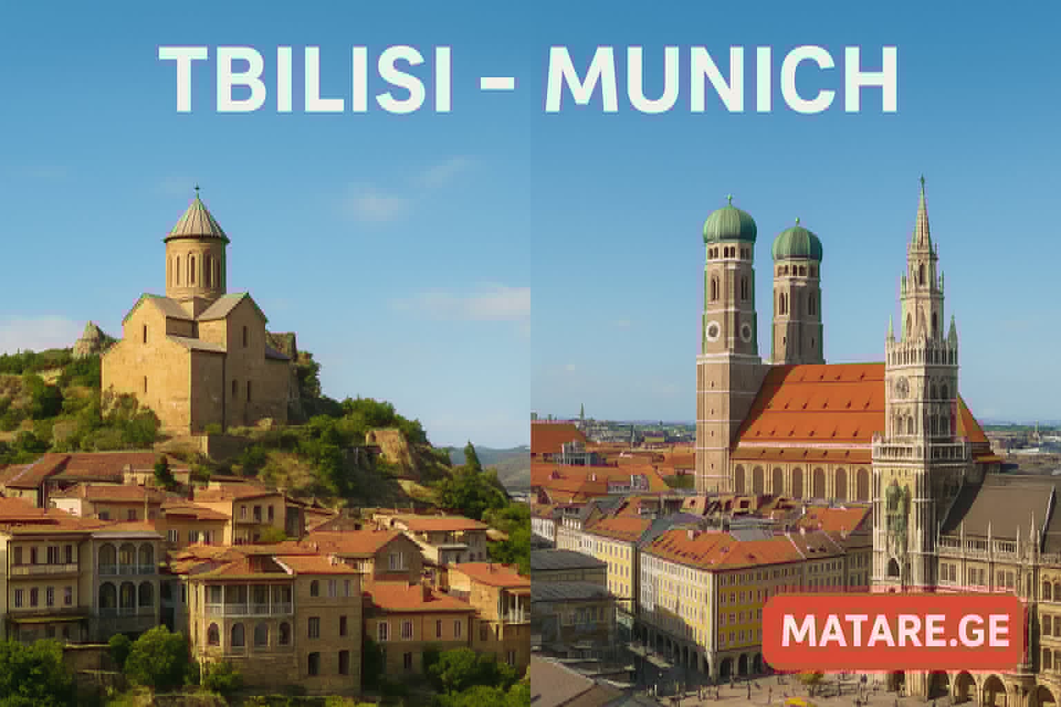 რეალური ქალაქების ბანერი თბილისის ძველი ქალაქისა და ნარიყალას ხედით მარცხნივ და მიუნხენის ცენტრის ხედით Frauenkirche-ის ტაძართან ერთად მარჯვნივ, თბილისი–მიუნხენის ავიარეისების რეკლამა.