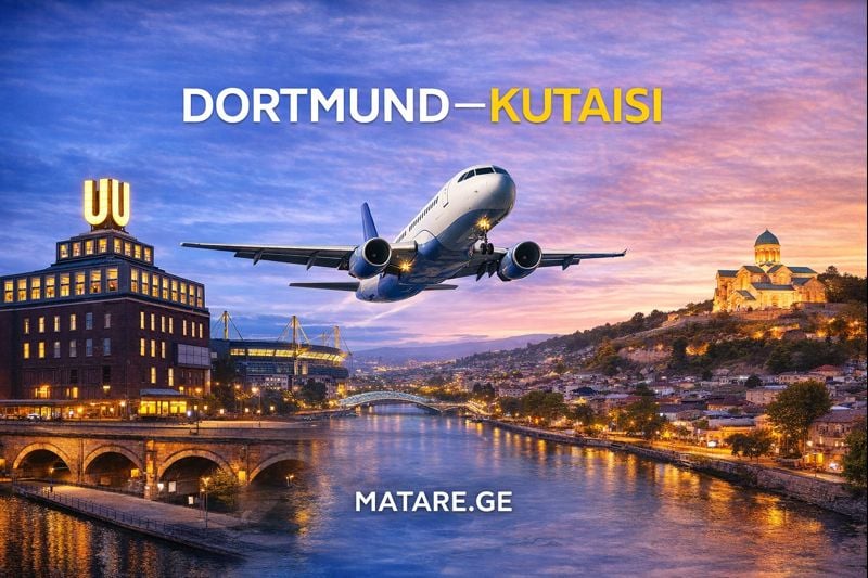დორტმუნდი–ქუთაისის ავიაბილეთების ბანერი თვითმფრინავით და ორივე ქალაქის პანორამით