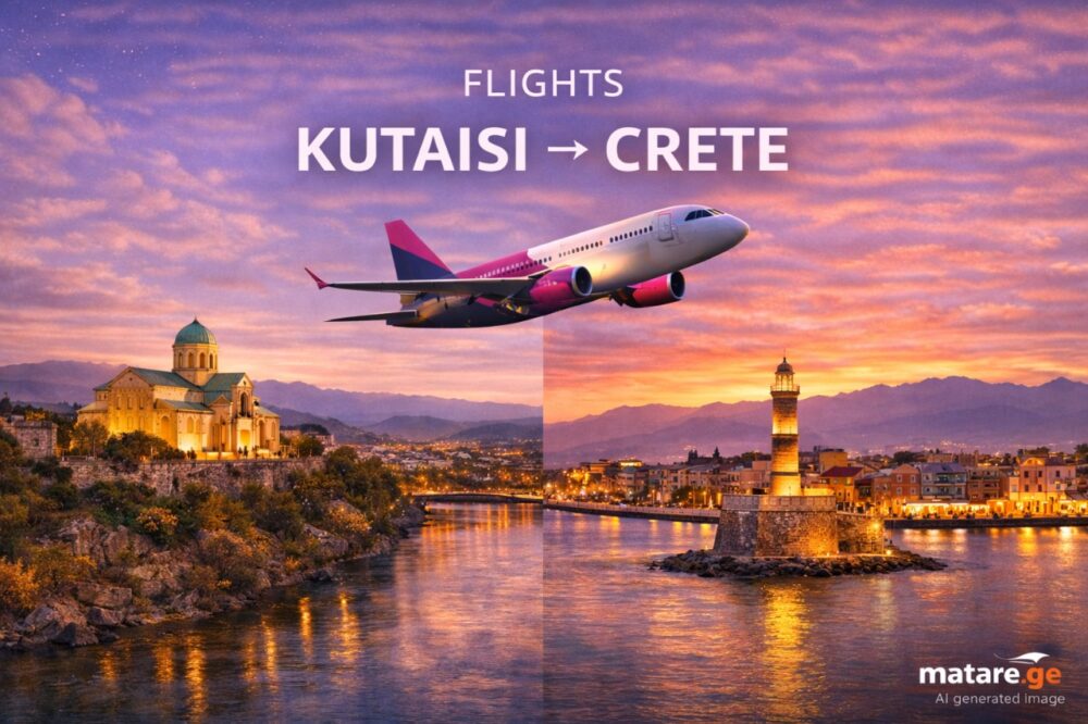 ქუთაისი კრეტას ავიაბილეთების ბანერი — ფრენები ქუთაისიდან კრეტას მიმართულებით