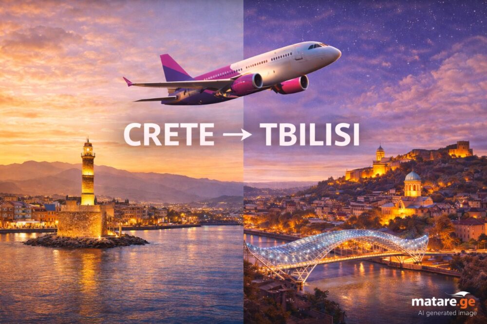 კრეტა თბილისის ავიაბილეთების ბანერი — ფრენები კრეტადან თბილისის მიმართულებით