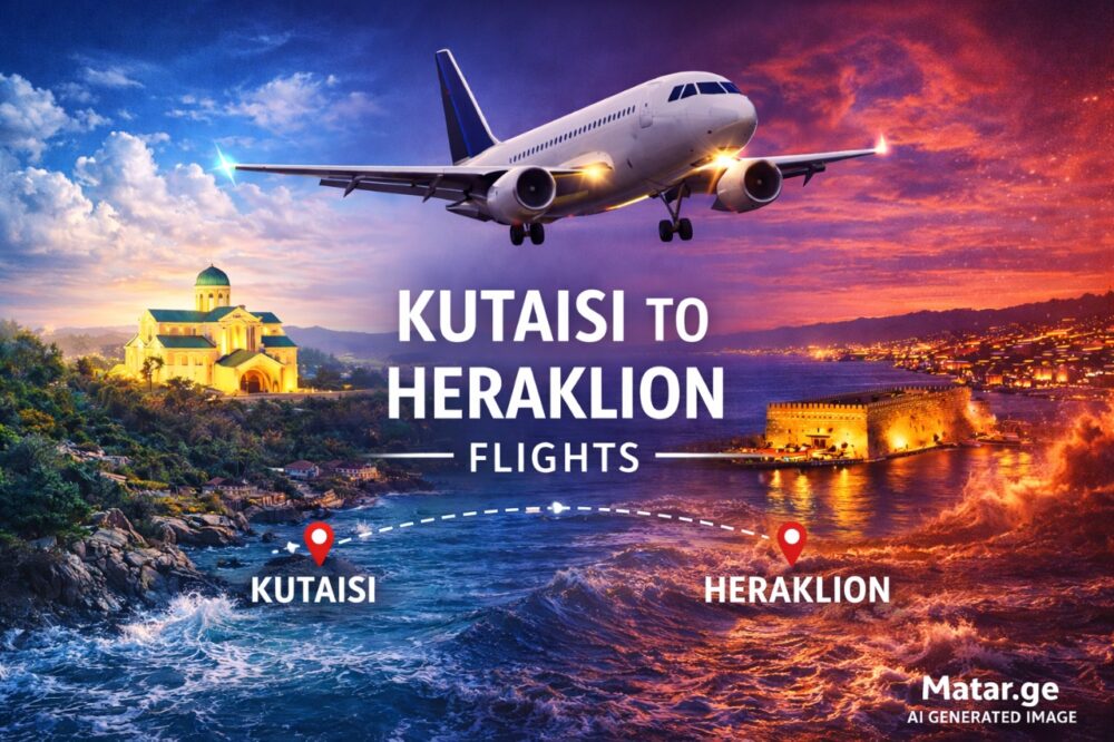 ქუთაისი ჰერაკლიონის ავიაბილეთების ბანერი — ფრენები ქუთაისიდან ჰერაკლიონის მიმართულებით