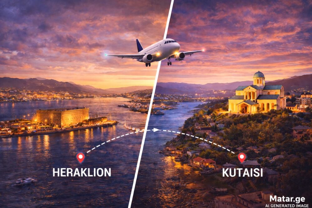 ჰერაკლიონი ქუთაისის ავიაბილეთების ბანერი — ფრენები ჰერაკლიონიდან ქუთაისის მიმართულებით