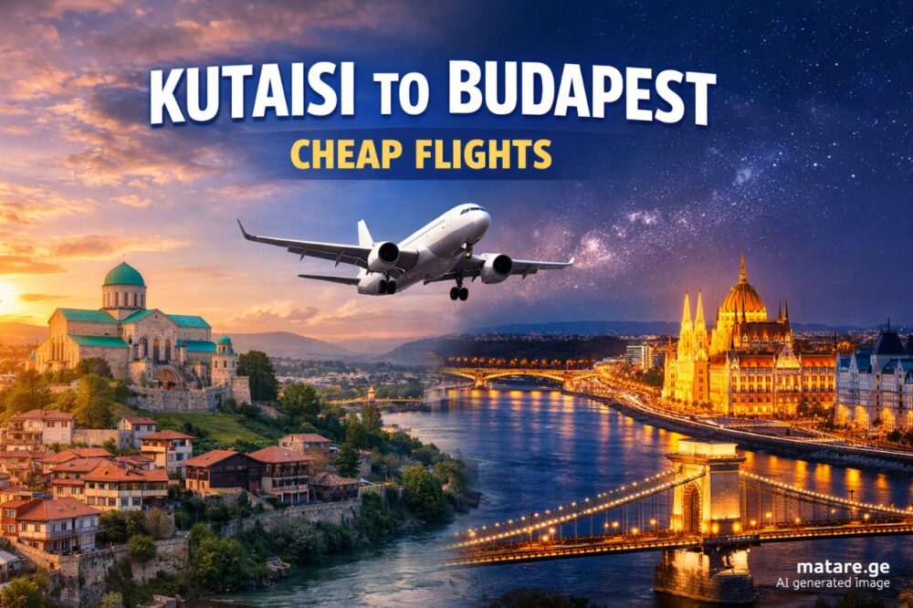 ქუთაისი ბუდაპეშტის ავიაბილეთების ბანერი — ფრენები ქუთაისიდან ბუდაპეშტის მიმართულებაზე