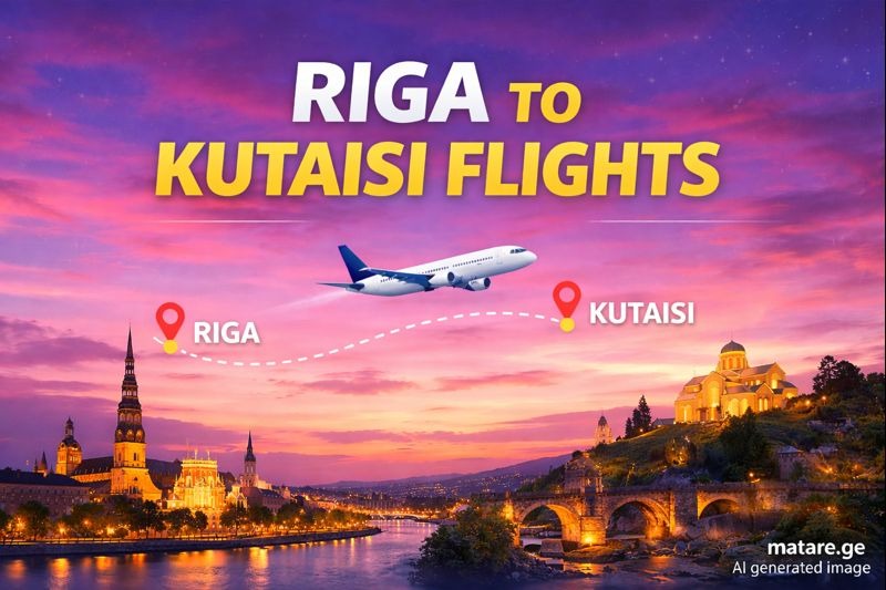 რიგა ქუთაისის ავიაბილეთების ბანერი — ფრენები რიგადან ქუთაისის მიმართულებით
