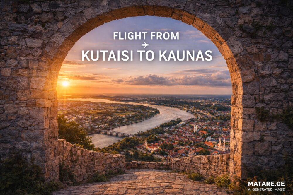 ქუთაისი კაუნასის ავიაბილეთების ბანერი — ფრენები ქუთაისიდან კაუნასის მიმართულებით