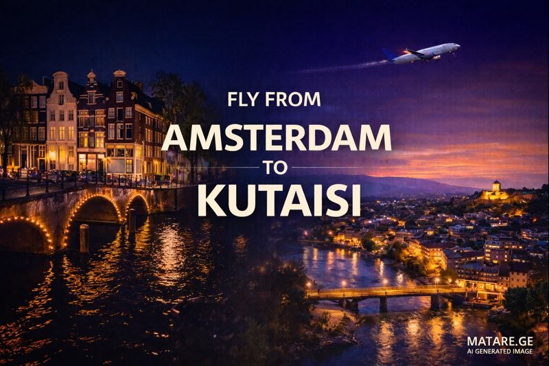 ამსტერდამი ქუთაისი ავიაბილეთების ბანერი ფრენები ამსტერდამიდან ქუთაისში