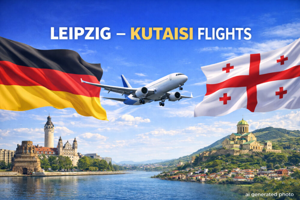 ლაიფციგი ქუთაისის ავიაბილეთების ბანერი — ფრენები ლაიფციგიდან ქუთაისის მიმართულებით
