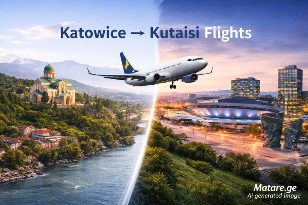 კატოვიცა ქუთაისი ავიაბილეთები თვითმფრინავით და ორი ქალაქის ხედით