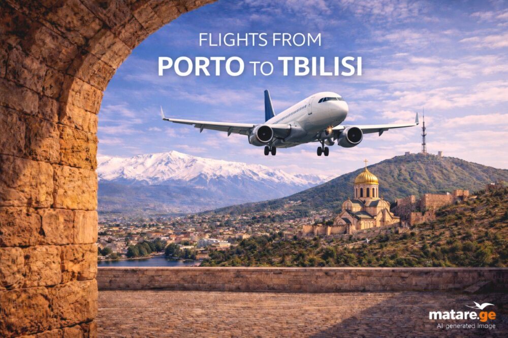 პორტო თბილისი ავიაბილეთები — თვითმფრინავი და ქალაქის ხედი