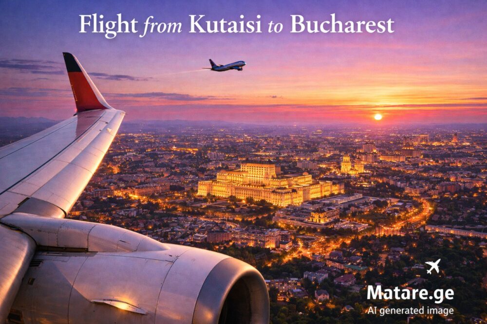 ფრენები ქუთაისიდან ბუქარესტში — თვითმფრინავი და ქალაქის ხედი