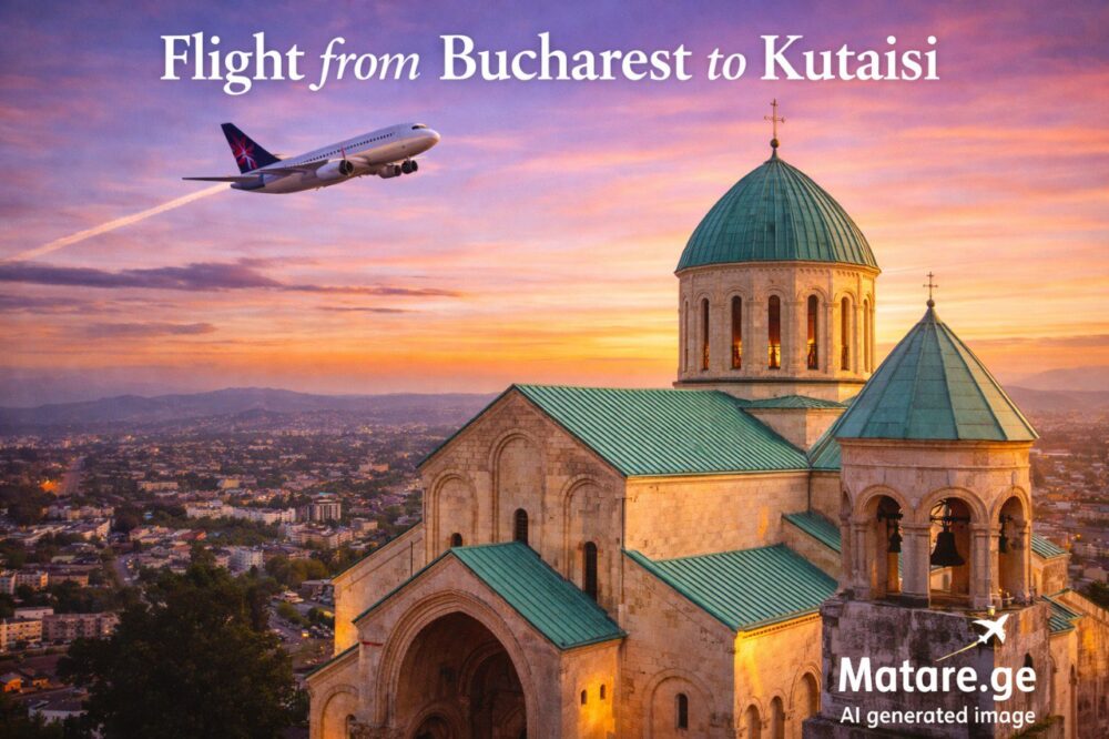 ფრენები ბუქარესტიდან ქუთაისში — თვითმფრინავი და ქალაქის ხედი