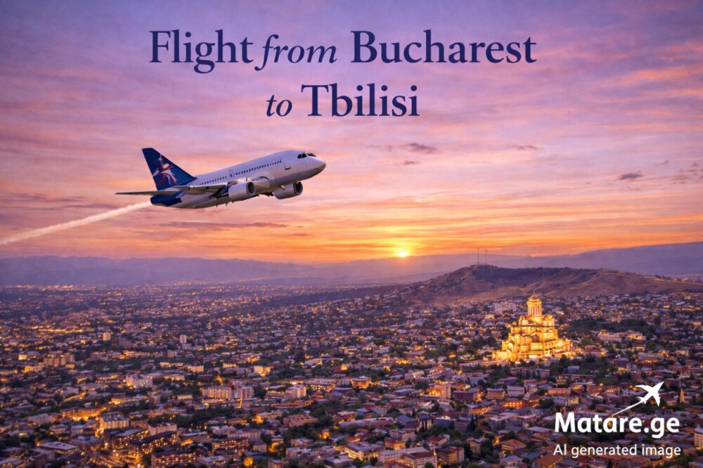 ფრენები ბუქარესტიდან თბილისში — თვითმფრინავი და ქალაქის ხედი