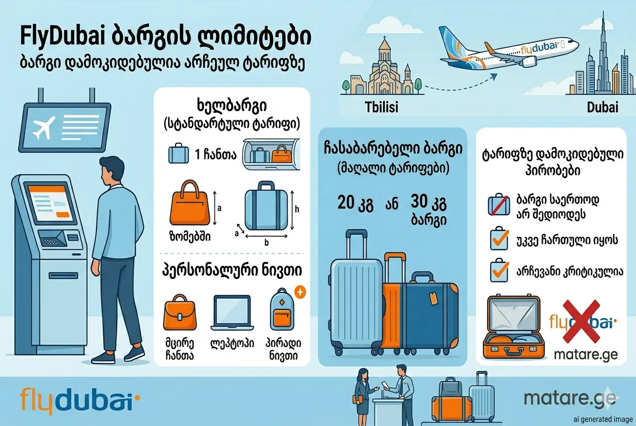 FlyDubai-ს ბარგის ლიმიტების ინფოგრაფიკა: ხელბარგი 7 კგ, პერსონალური ნივთები და ჩასაბარებელი ბარგი ტარიფების მიხედვით.