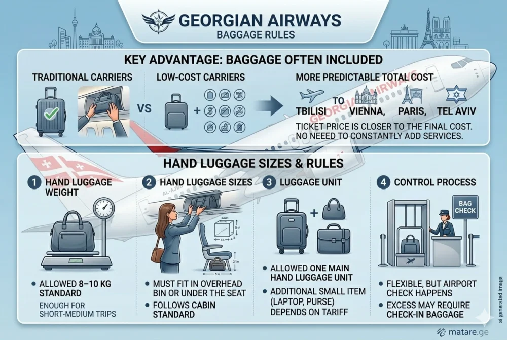 Georgian Airways-ის ბარგის წესების ინფოგრაფიკა: ხელბარგის წონა 8-10 კგ, შედარება დაბალბიუჯეტიან ავიაკომპანიებთან და ბორტზე განთავსების წესები