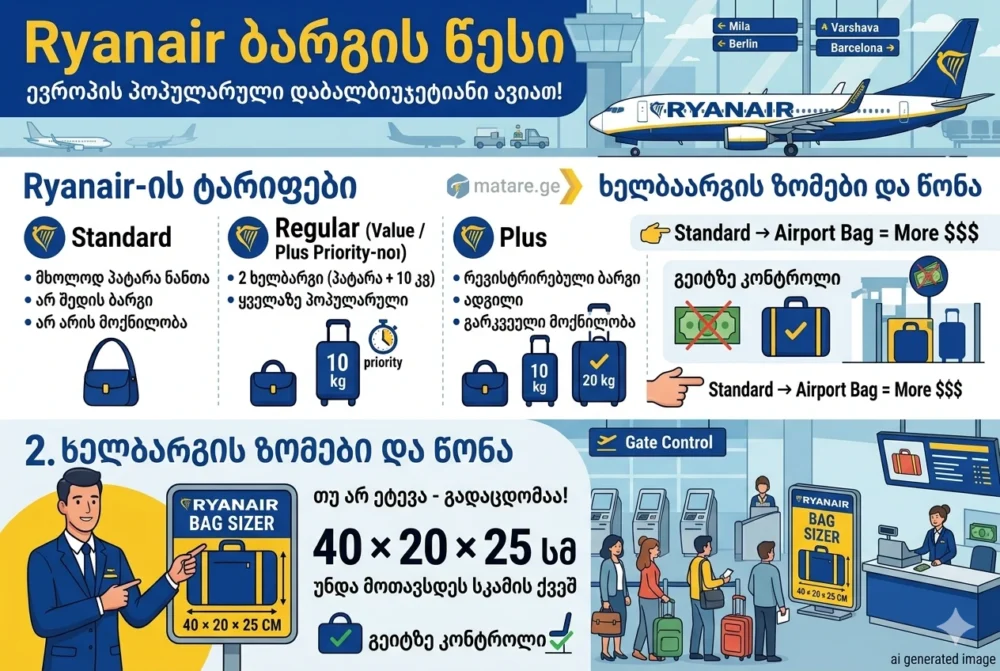 Ryanair-ის ბარგის წესების ინფოგრაფიკა: ხელბარგის ზომები 40x20x25 სმ, ტარიფების შედარება და აეროპორტის ჩარჩო (sizer) შემოწმებისთვის.