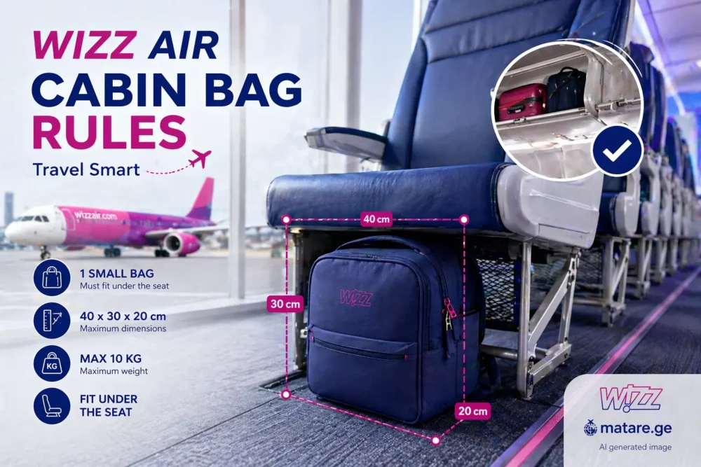Wizz Air cabin bag rules — travel banner with under seat bag and airplane interior