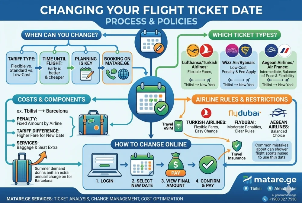 ავიაბილეთის თარიღის შეცვლის პროცესის ინფოგრაფიკა: ტარიფების ტიპები, ონლაინ შეცვლის ნაბიჯები და ხარჯების კომპონენტები.