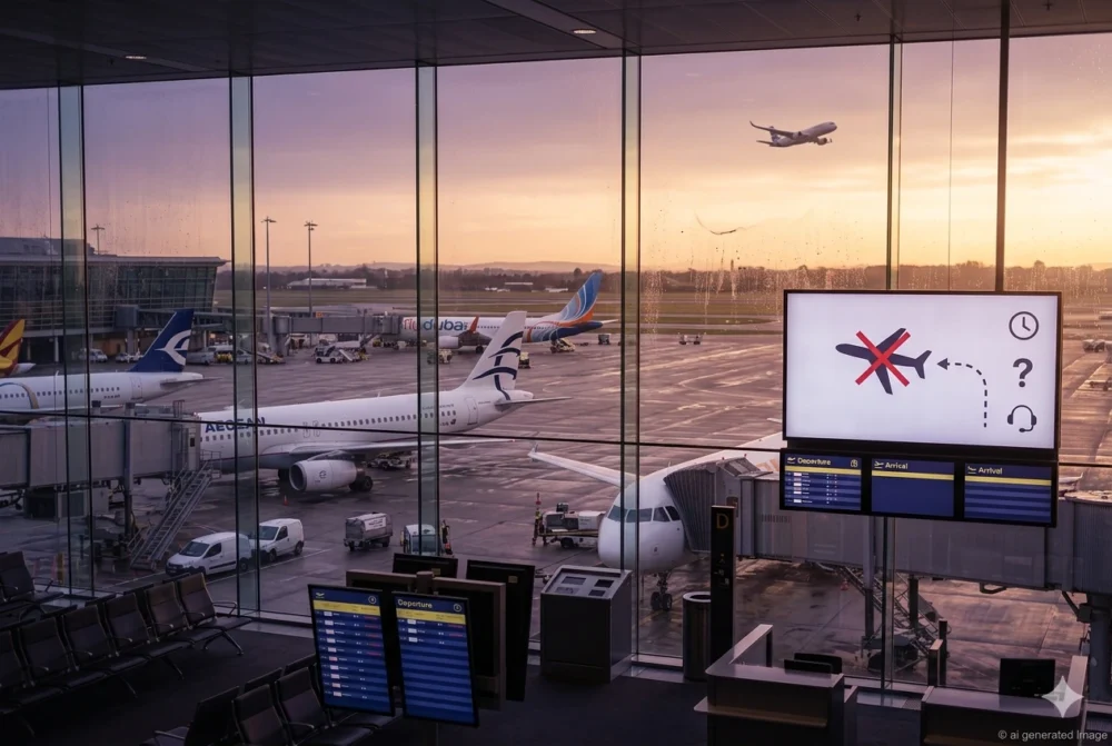 აეროპორტის ხედი გაუქმებული ფრენის სიმბოლოთი — ილუსტრაცია ავიაბილეთის გაუქმების წესების სტატიისთვის.