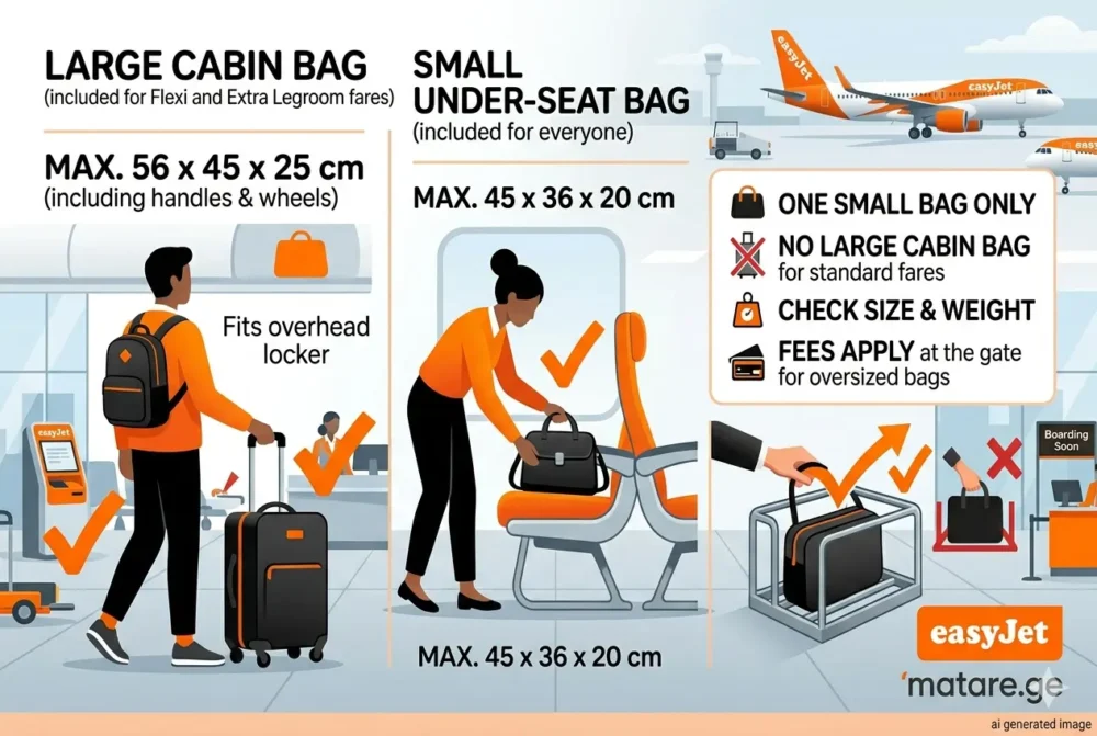 easyJet-ის ბარგის წესების ინფოგრაფიკა: ხელბარგის ზომები 45x36x20 სმ და ჩანთის შემოწმების პროცესი აეროპორტში.