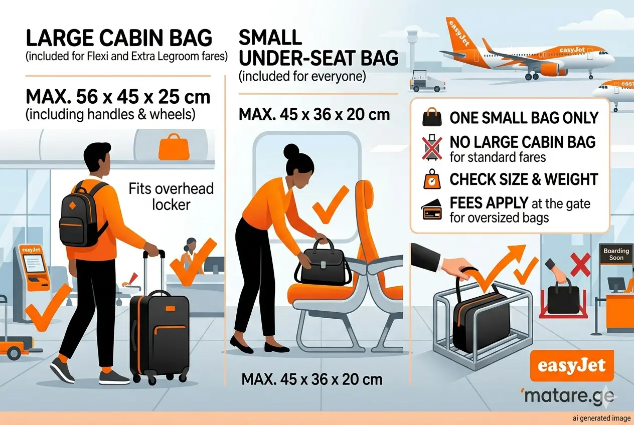easyJet-ის ბარგის წესების ინფოგრაფიკა: ხელბარგის ზომები 45x36x20 სმ და ჩანთის შემოწმების პროცესი აეროპორტში.