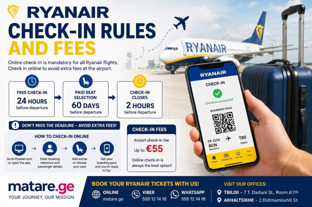 Ryanair ჩექ-ინი — ონლაინ რეგისტრაცია, ვადები და ბორდინგ პასის მიღება