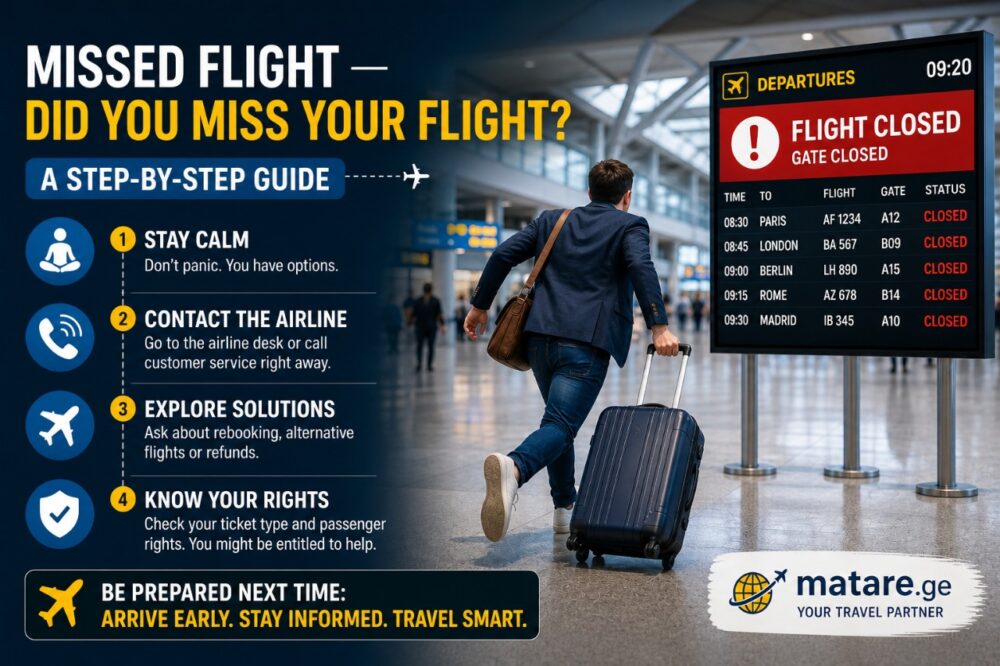 Missed Flight — რა უნდა გააკეთო თუ ფრენა გამოგრჩა, ნაბიჯ-ნაბიჯ გზამკვლევი