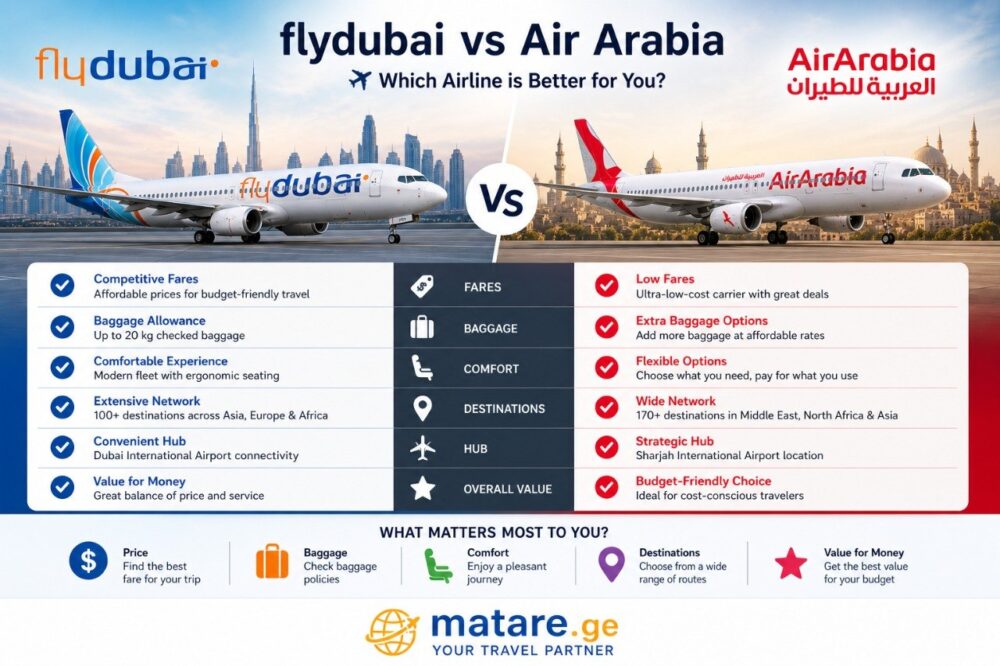 flydubai vs Air Arabia — რომელი ავიაკომპანია ჯობია, ფასები და სერვისების შედარება
